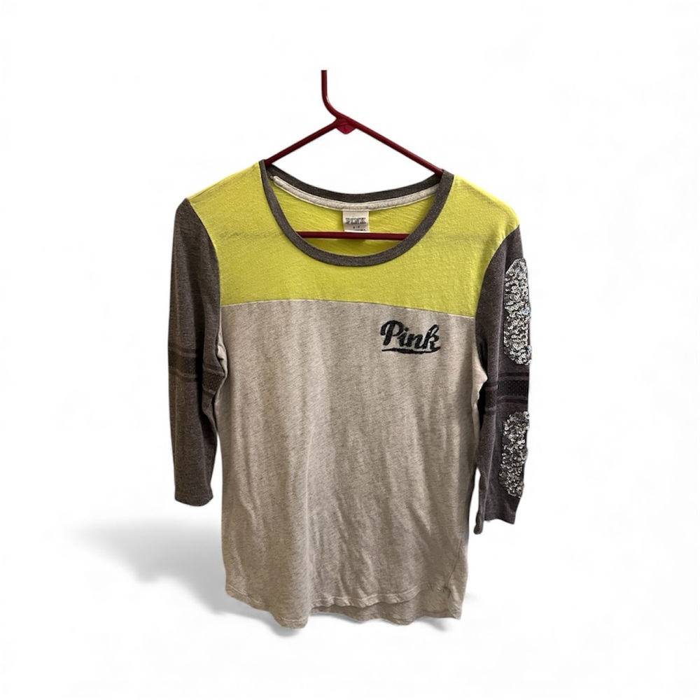 VICTORIA'S SECRET PINK SEQUINS BLING COLORBLOCK FOOTBALL TEE 3/4 SLEEVE S